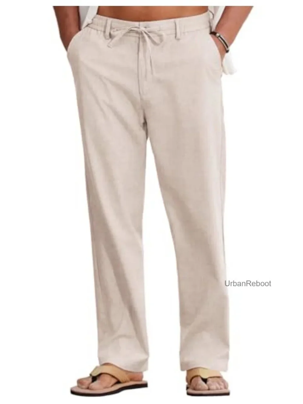 Men's Cotton Linen Drawstring Pants Lightweight Summer Beach Casual Stretch